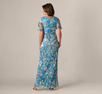 Flutter Sleeve Crinkle Foil Floral Gown In Blue Multi 5