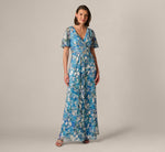 Flutter Sleeve Crinkle Foil Floral Gown In Blue Multi 2