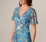 Flutter Sleeve Crinkle Foil Floral Gown In Blue Multi 3