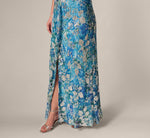 Flutter Sleeve Crinkle Foil Floral Gown In Blue Multi 4