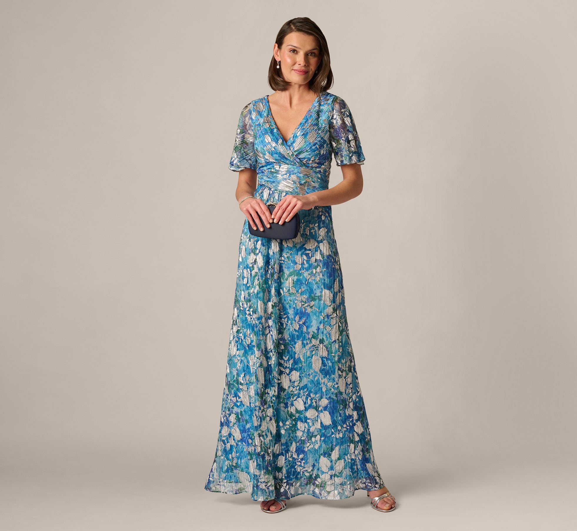 Flutter Sleeve Crinkle Foil Floral Gown In Blue Multi 1