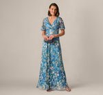 Flutter Sleeve Crinkle Foil Floral Gown In Blue Multi 1