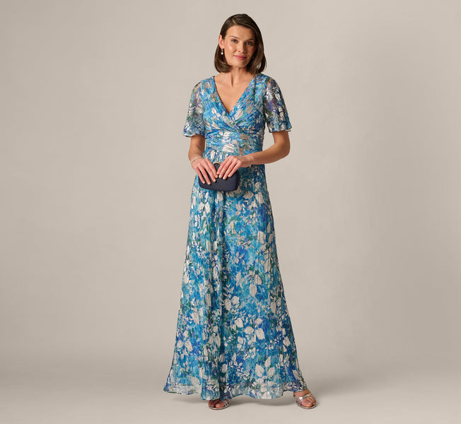 Adrianna Papell Flutter Sleeve Crinkle Foil Floral Gown