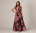 Short Sleeve Magnolia Floral Ballgown In Wine Multi 2