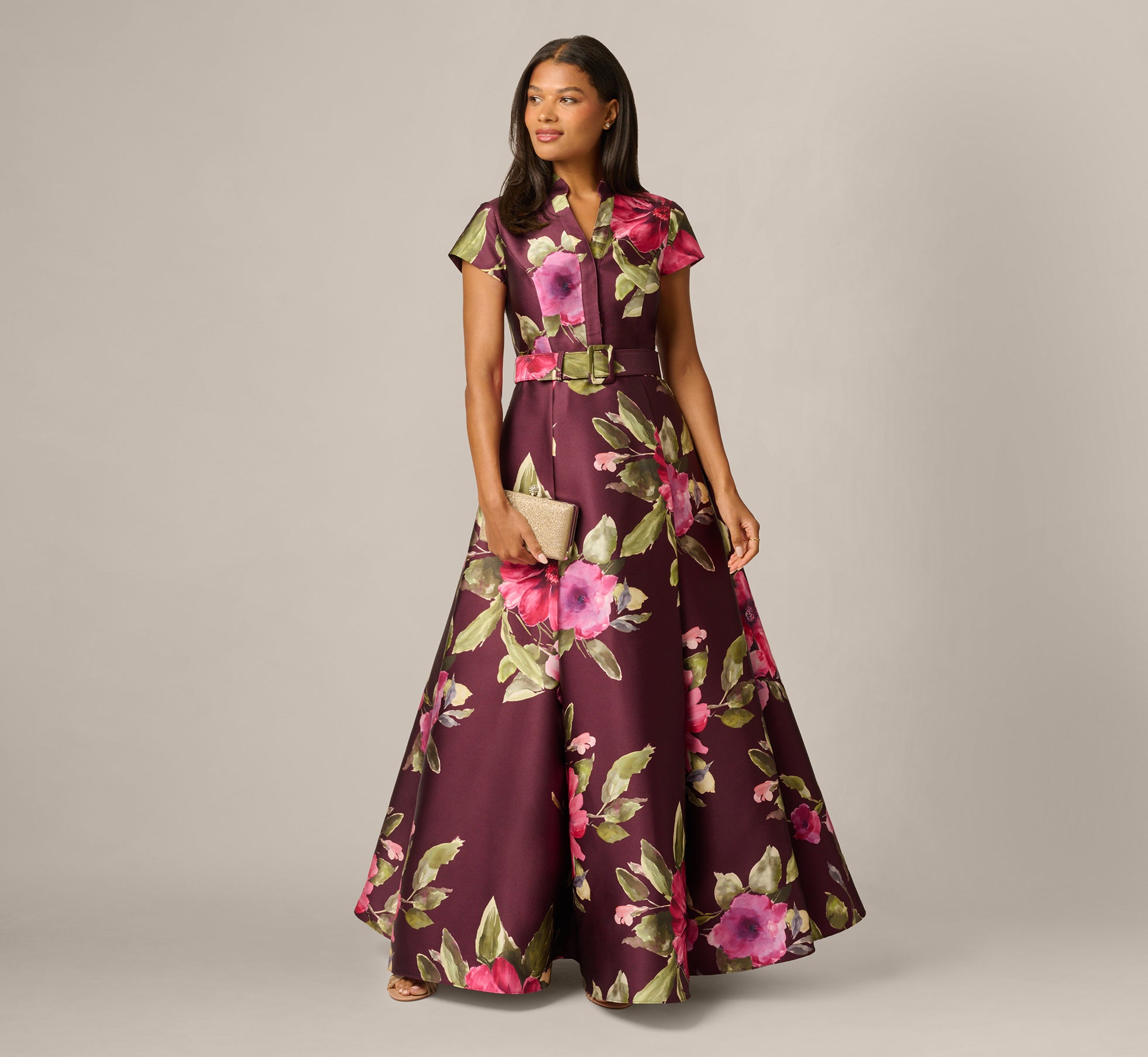 Short Sleeve Magnolia Floral Ballgown In Wine Multi 1
