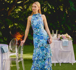 Tiered Metallic Floral Chiffon Halter Gown In Blue Multi 1