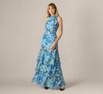 Tiered Metallic Floral Chiffon Halter Gown In Blue Multi 2