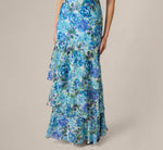 Tiered Metallic Floral Chiffon Halter Gown In Blue Multi 4