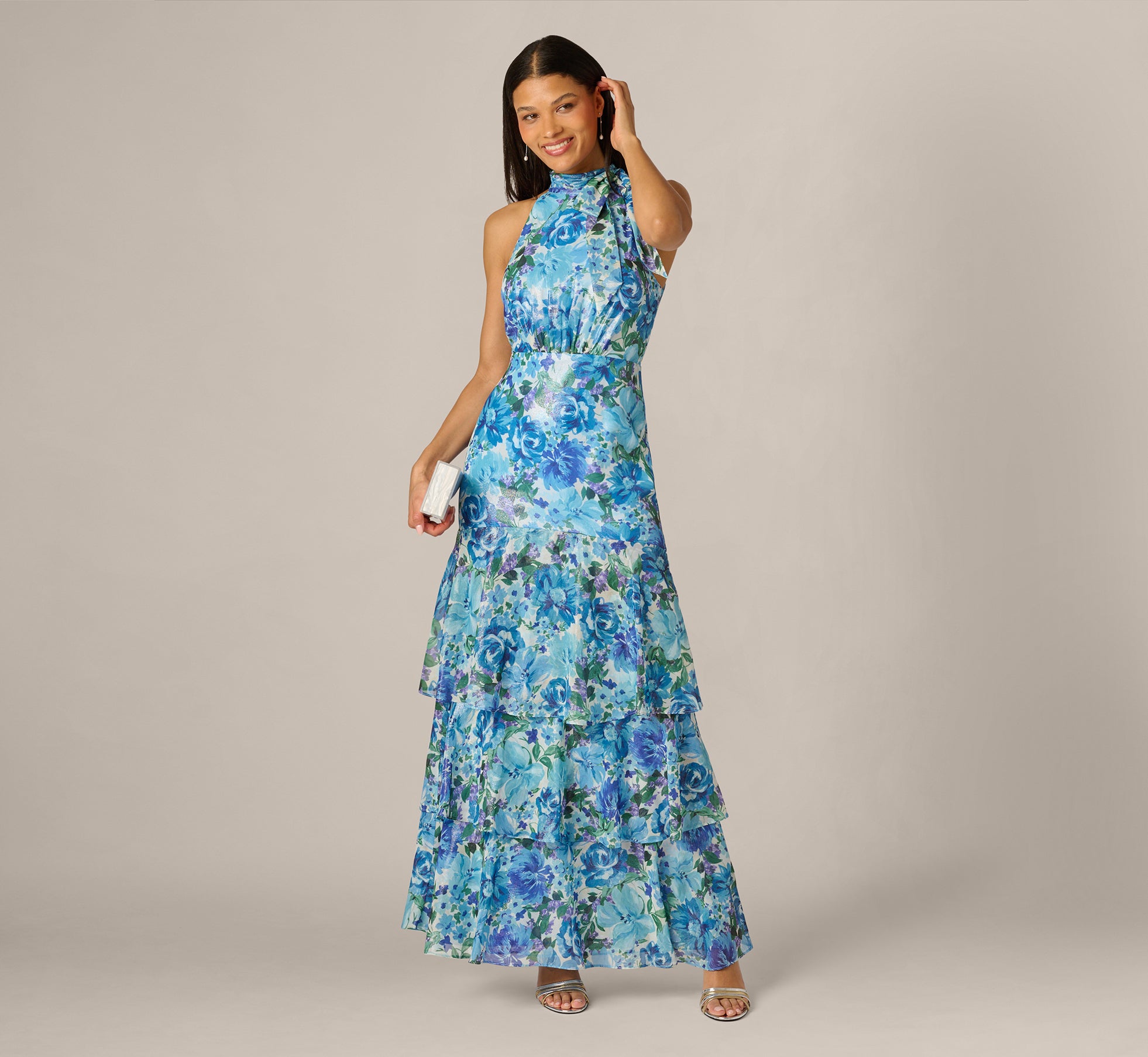 Multi Colored Tiered Metallic Floral Chiffon Halter Gown - Adrianna Papell Multi Colored Tiered Metallic Floral Chiffon Halter Gown - Adrianna Papell