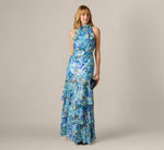 Tiered Metallic Floral Chiffon Halter Gown In Blue Multi 1