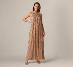 3D Floral Sequin Bead Trapeze Gown In Cafe Mocha 2