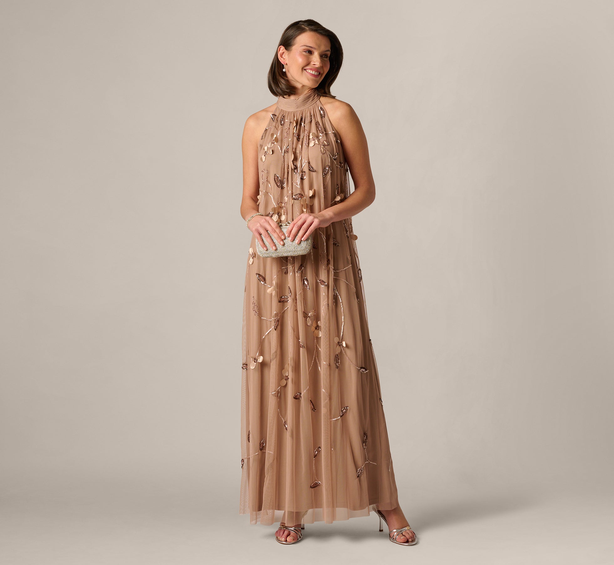 Brown 3D Floral Sequin Bead Trapeze Gown