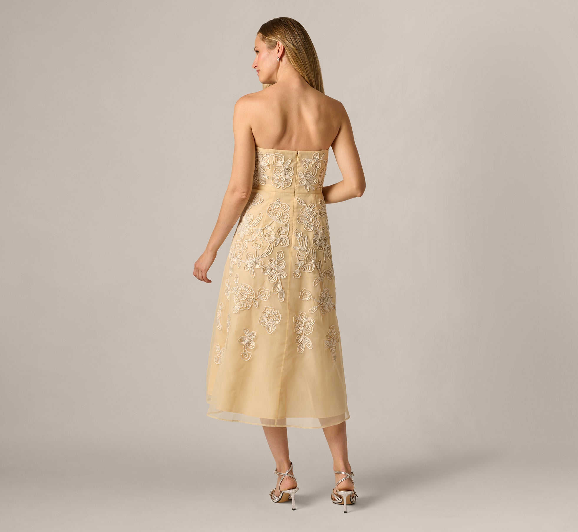 Yellow Strapless Floral Embroidered Organza Midi Dress - Adrianna Papell Yellow Strapless Floral Embroidered Organza Midi Dress - Adrianna Papell