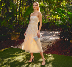 Strapless Floral Embroidered Organza Midi Dress In Maize