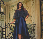 Plus Size Beaded Cape High Low Taffeta Combo Gown In Light Navy 1