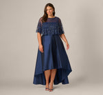 Plus Size Beaded Cape High Low Taffeta Combo Gown In Light Navy 2