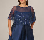 Plus Size Beaded Cape High Low Taffeta Combo Gown In Light Navy 3