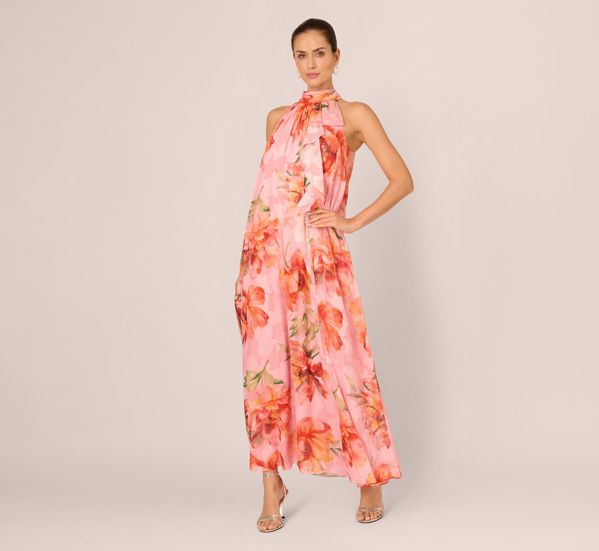 Multi Colored Floral Chiffon Trapeze Halter Gown - Adrianna Papell Multi Colored Floral Chiffon Trapeze Halter Gown - Adrianna Papell