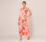 Floral Chiffon Trapeze Halter Gown In Pink Multi 2