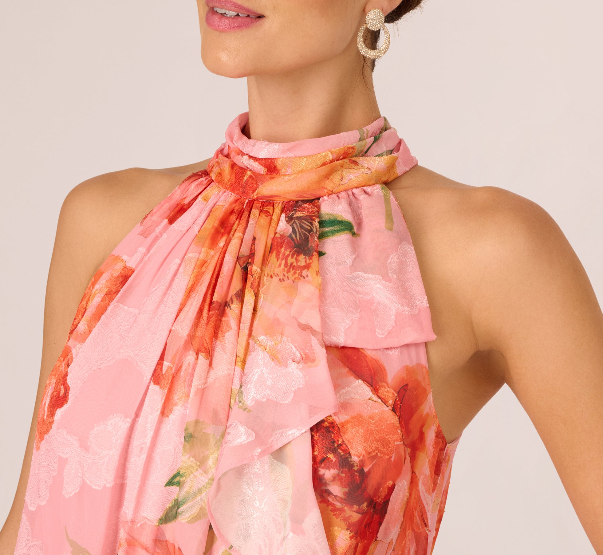 Multi Colored Floral Chiffon Trapeze Halter Gown