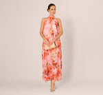 Floral Chiffon Trapeze Halter Gown In Pink Multi 1