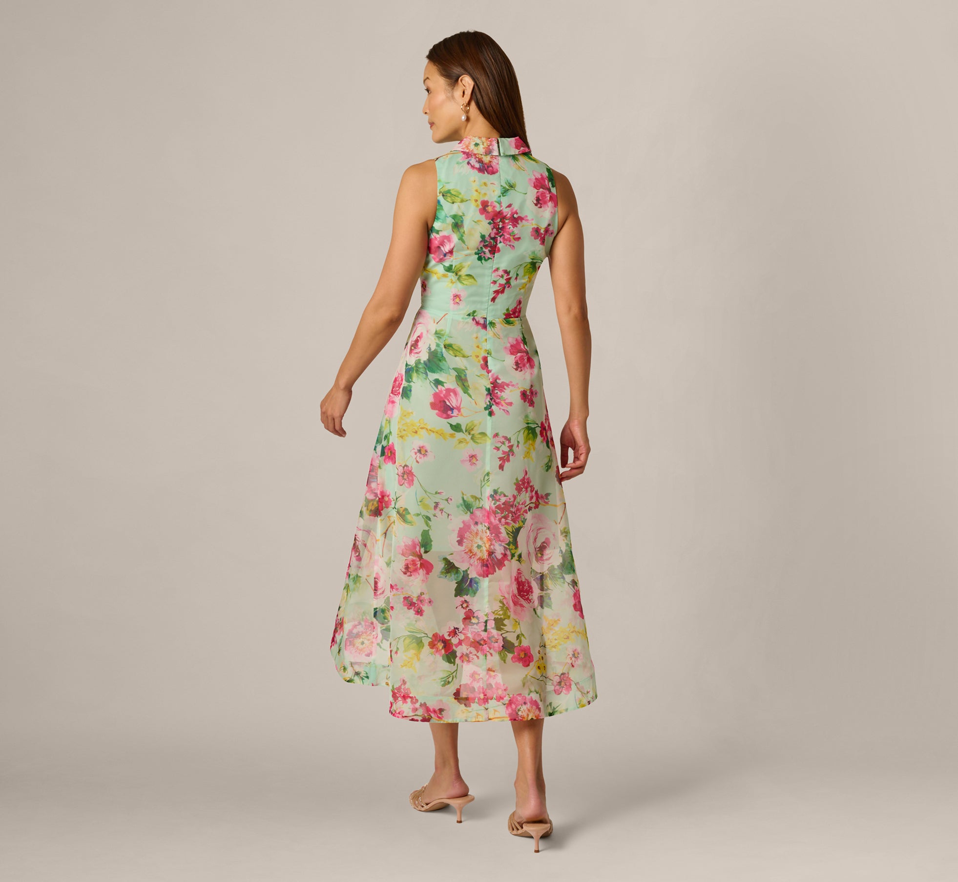 Collared Floral Organza High Low Midi Dress In Mint Multi
