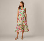 Collared Floral Organza High Low Midi Dress In Mint Multi 2