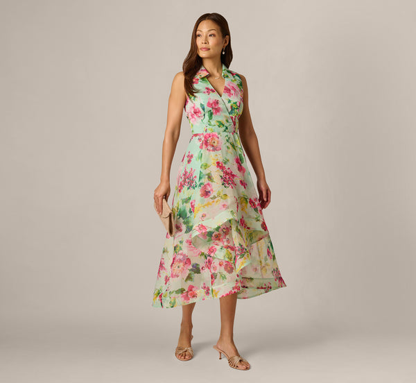 Adrianna Papell Women’s Printed High-Low Midi Dress - Mint Multi
