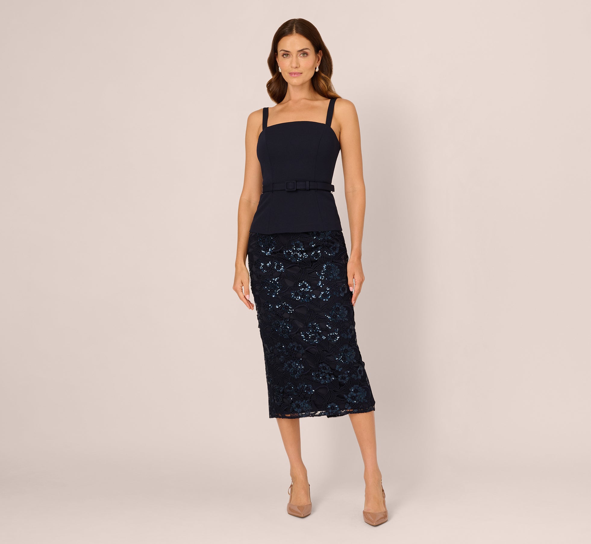 Adrianna Papell Women's Square Neck Sequined Combo Midi Dress - Midnight