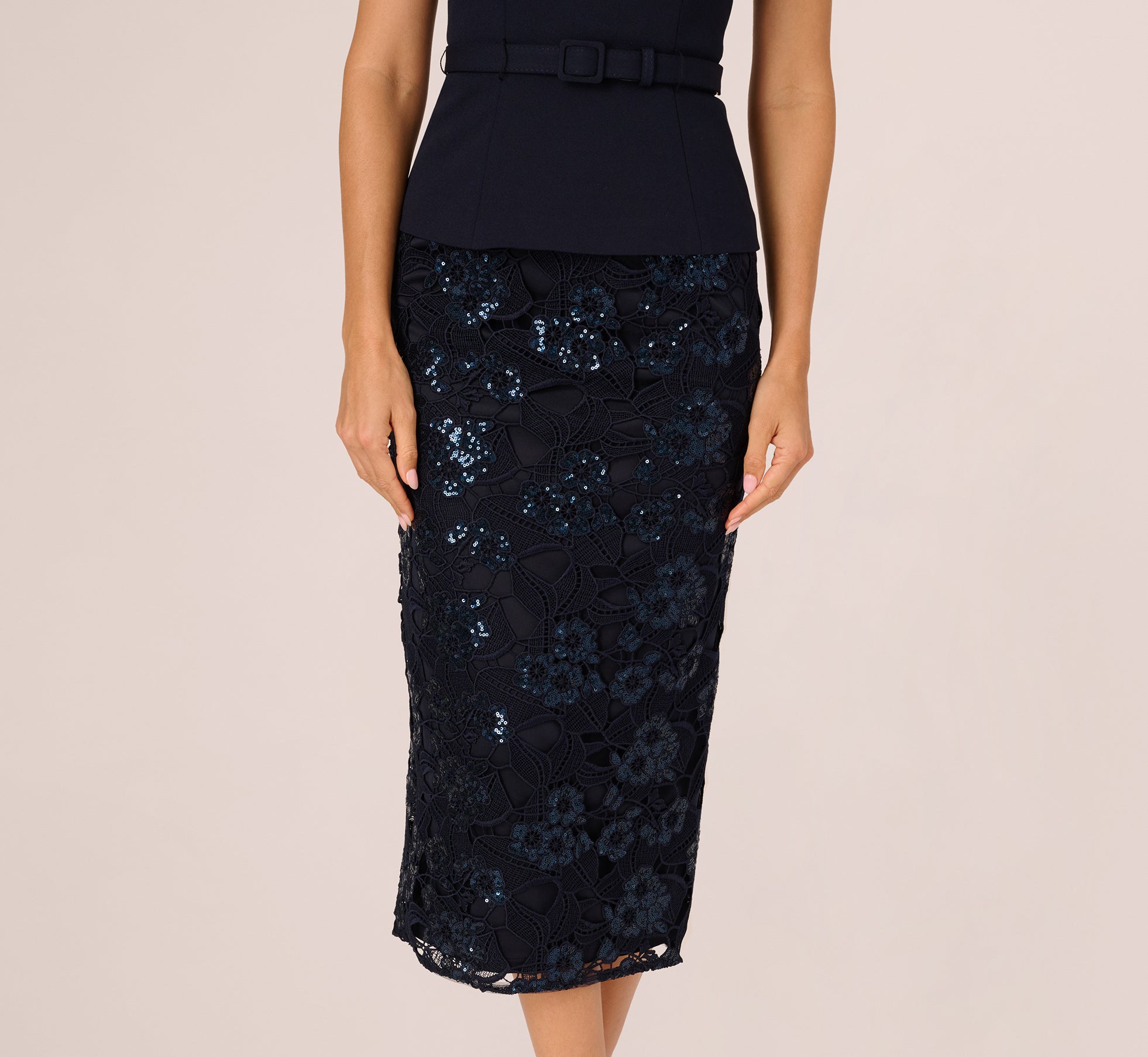 Midnight Sleeveless Sequin Lace Combo Midi Dress