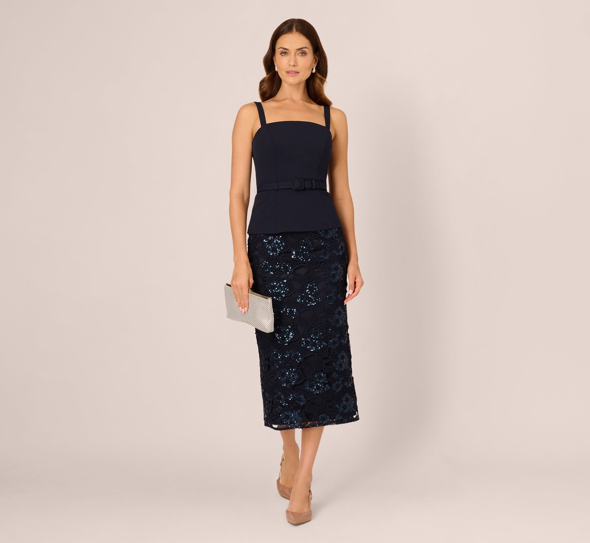 Sleeveless Sequin Lace Combo Midi Dress In Midnight 1