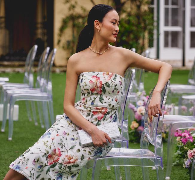 Strapless Floral Beaded Embroidery Midi Dress In Ivory Multi