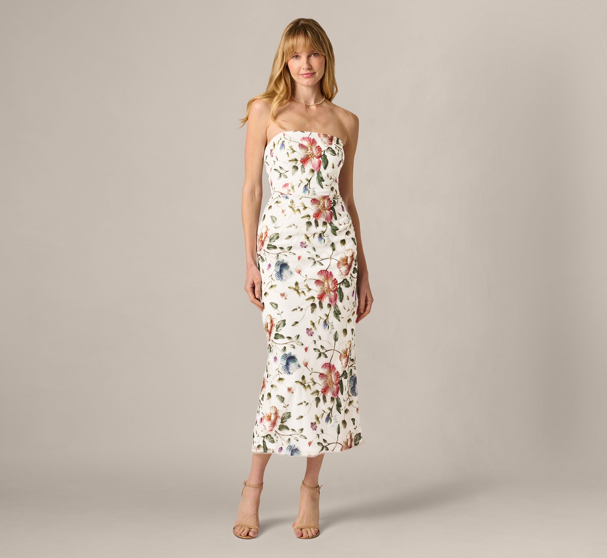 Strapless Floral Beaded Embroidery Midi Dress in Ivory Multi