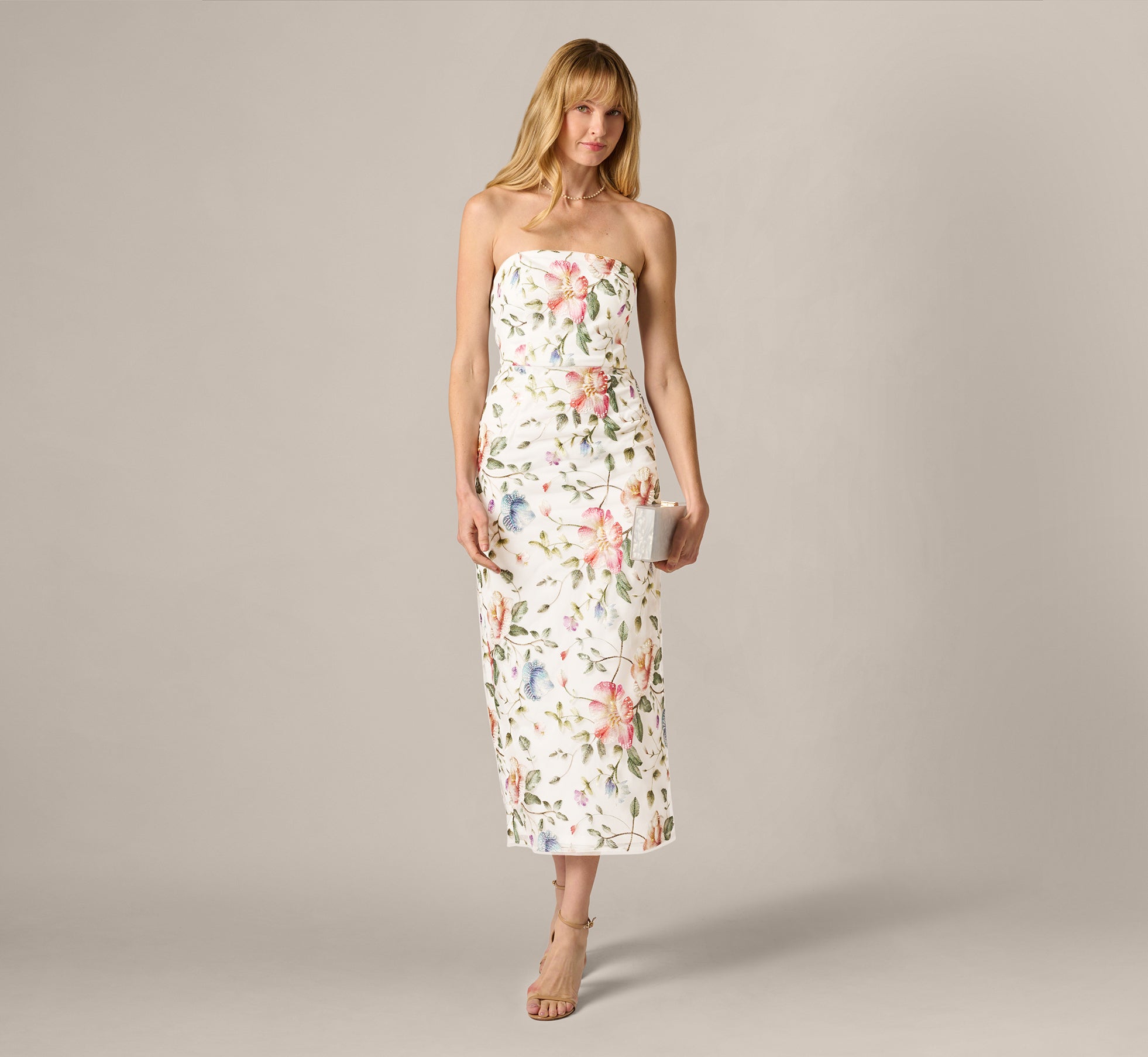 Strapless Floral Beaded Embroidery Midi Dress in Ivory Multi Strapless Floral Beaded Embroidery Midi Dress in Ivory Multi