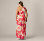 Plus Size One Shoulder Watercolor Floral Stripe Gown In Ivory Pink Multi 5