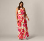 Plus Size One Shoulder Watercolor Floral Stripe Gown In Ivory Pink Multi 2