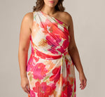 Plus Size One Shoulder Watercolor Floral Stripe Gown In Ivory Pink Multi 4