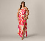 Plus Size One Shoulder Watercolor Floral Stripe Gown In Ivory Pink Multi 1