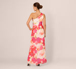 One Shoulder Watercolor Floral Stripe Gown In Ivory Pink Multi 5