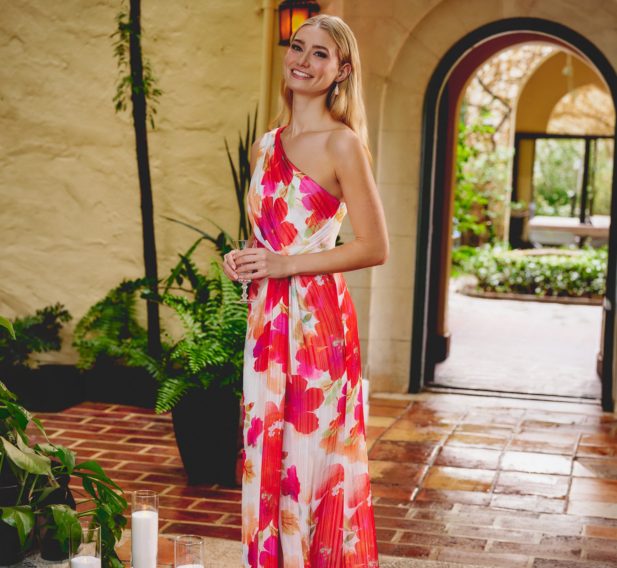 One Shoulder Watercolor Floral Stripe Gown In Ivory Pink Multi 1