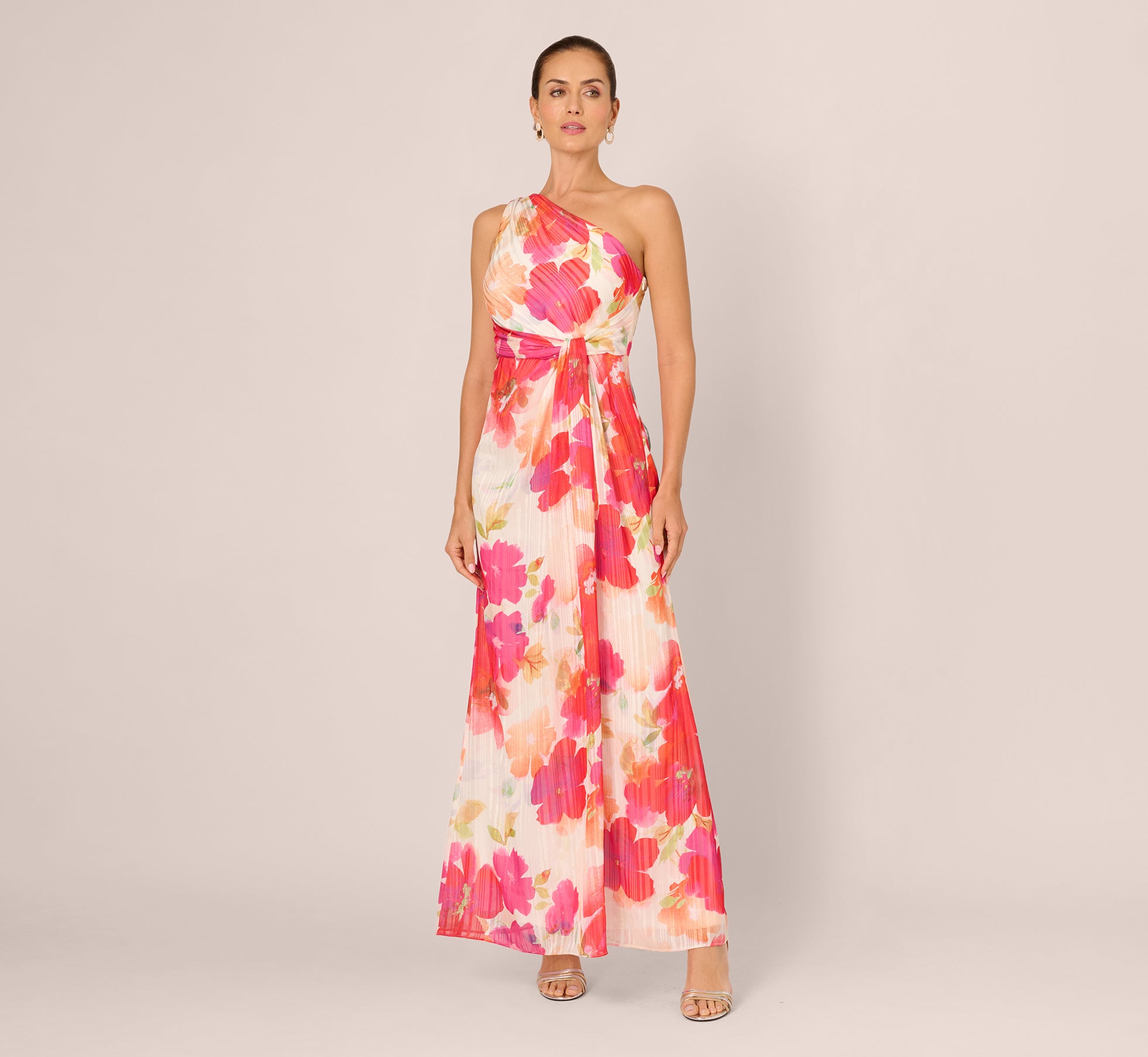 Pink One Shoulder Watercolor Floral Stripe Gown