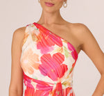 One Shoulder Watercolor Floral Stripe Gown In Ivory Pink Multi 4