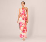 One Shoulder Watercolor Floral Stripe Gown In Ivory Pink Multi 1