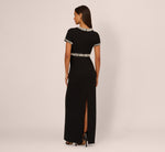 Short Sleeve Stretch Crepe Pearly Beaded Gown In Black Ivory 5
