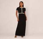 Short Sleeve Stretch Crepe Pearly Beaded Gown In Black Ivory 2