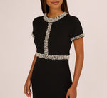 Short Sleeve Stretch Crepe Pearly Beaded Gown In Black Ivory 3