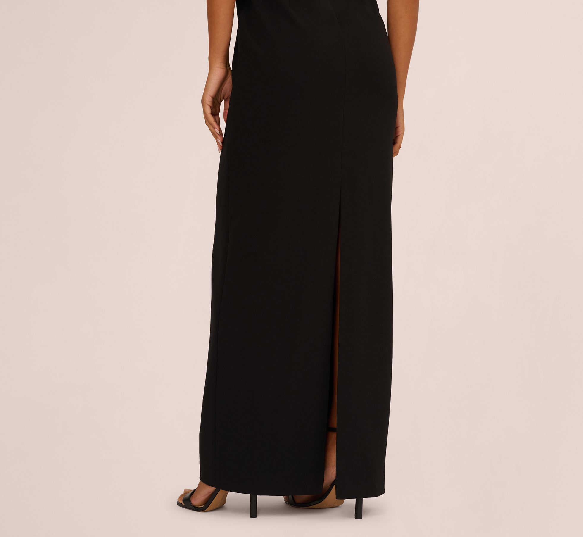 Black Short Sleeve Stretch Crepe Pearly Beaded Gown - Adrianna Papell Black Short Sleeve Stretch Crepe Pearly Beaded Gown - Adrianna Papell