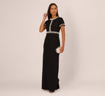 Short Sleeve Stretch Crepe Pearly Beaded Gown In Black Ivory 1