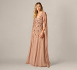 Cape Sleeve Floral Sequin Beaded Gown In Rose Gold 2