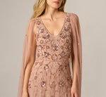 Cape Sleeve Floral Sequin Beaded Gown In Rose Gold 3